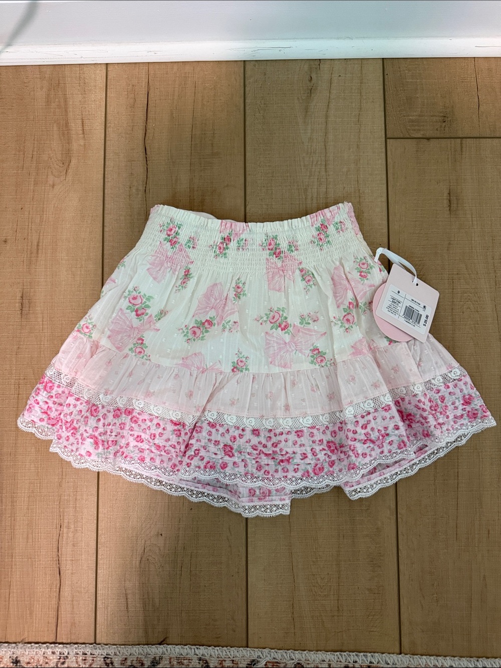 Pink Floral Tiered Skirt with Lace Trim